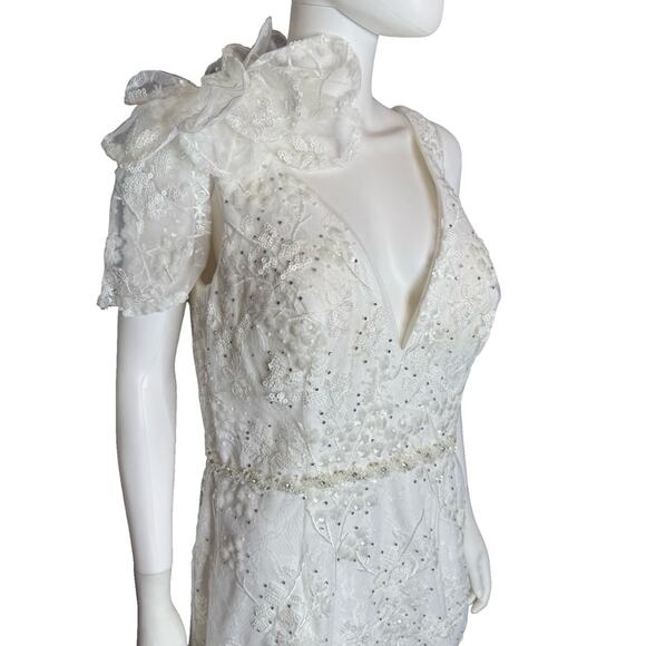 Mac Duggal White Floral Embellished V-neck Midi Dress with Shoulder Bow Sz 14 - Picture 4 of 10